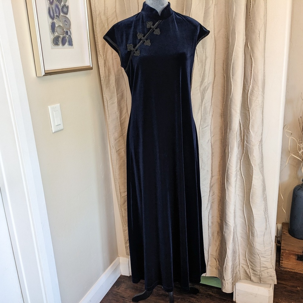 Vintage‎ 90s Navy Velvet Cheongsam Maxi Dress 8 Mandarin Collar Whimsigoth Event